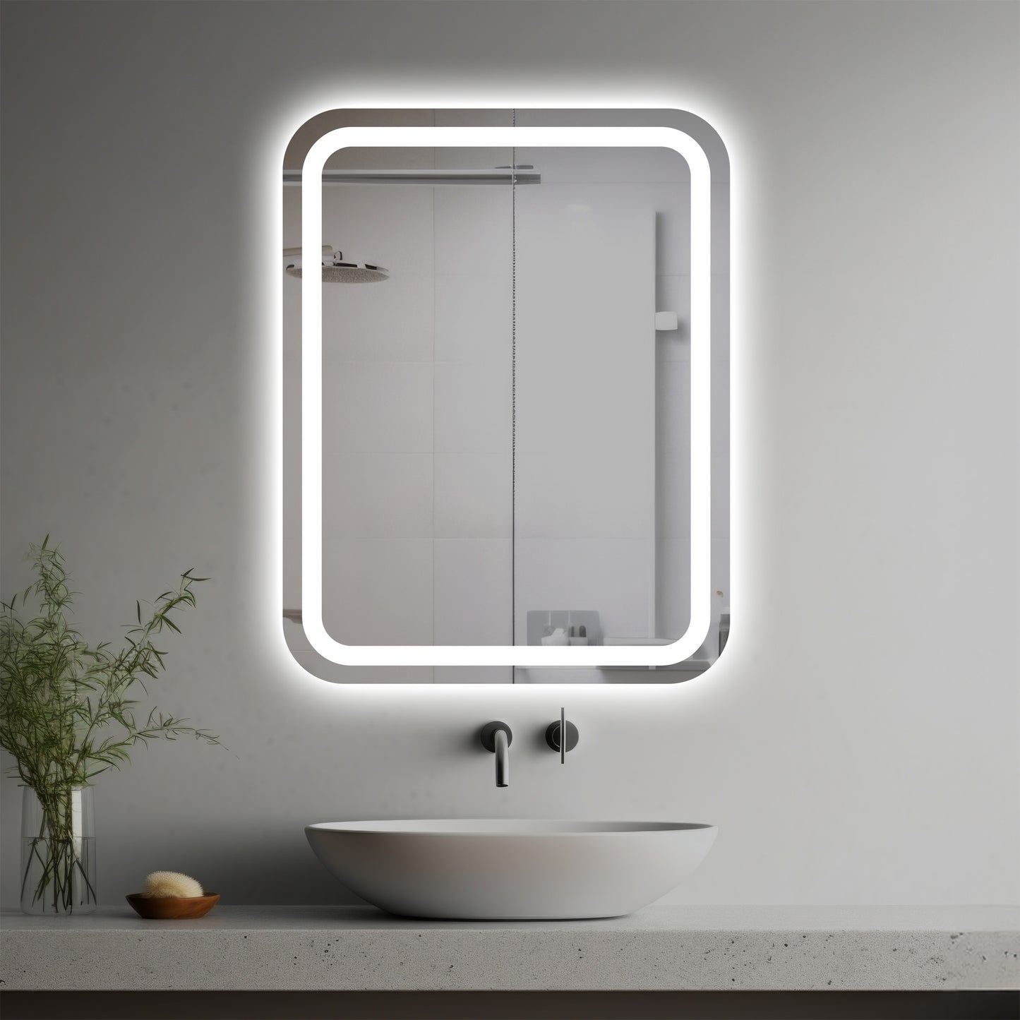 Adagio Lighted Mirror in a modern bathroom over a vessel sink