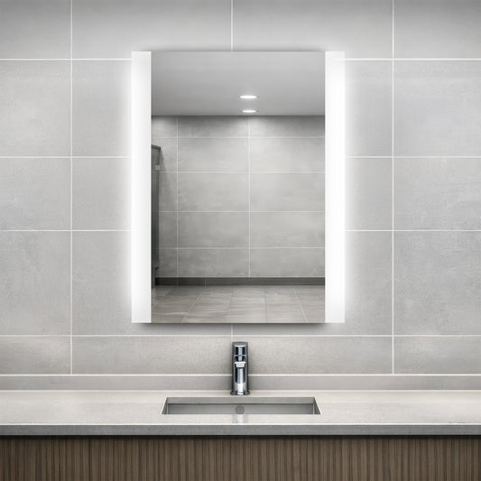 Veil Lighted mirror in bathroom with a sink, and tiled walls