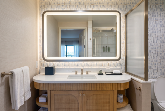 Framed Séura Forte Lighted Mirror in Hotel Solea Guest Bathroom