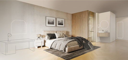 Séura Lighted Mirror in luxury hotel guestroom creating wellness-focused design.