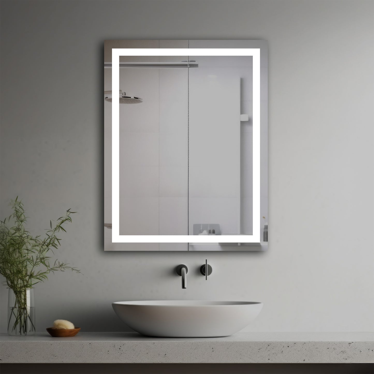 Allegro Lighted Mirror in a modern bathroom over a vessel sink