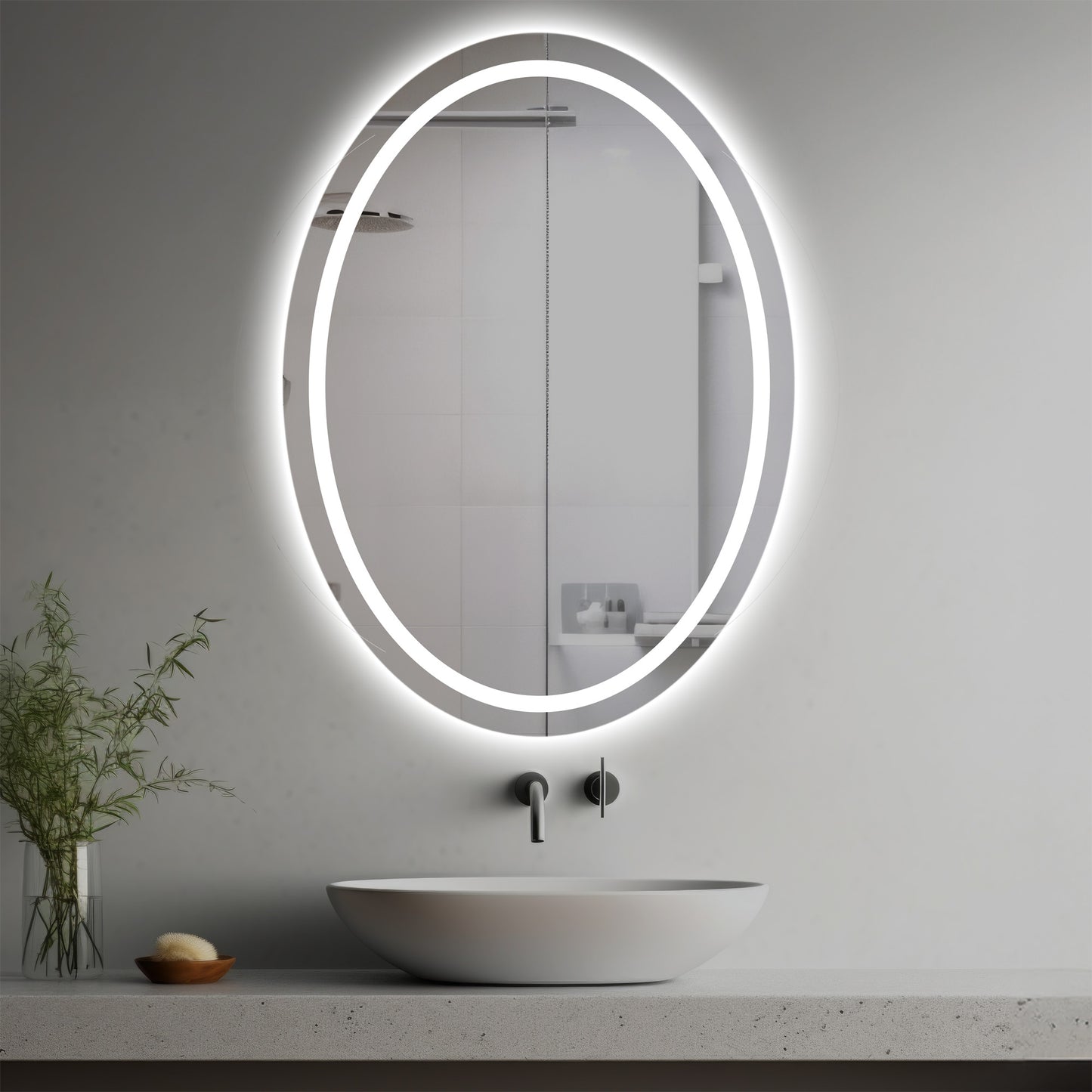 Leonora Lighted Mirror in a modern bathroom over a vessel sink