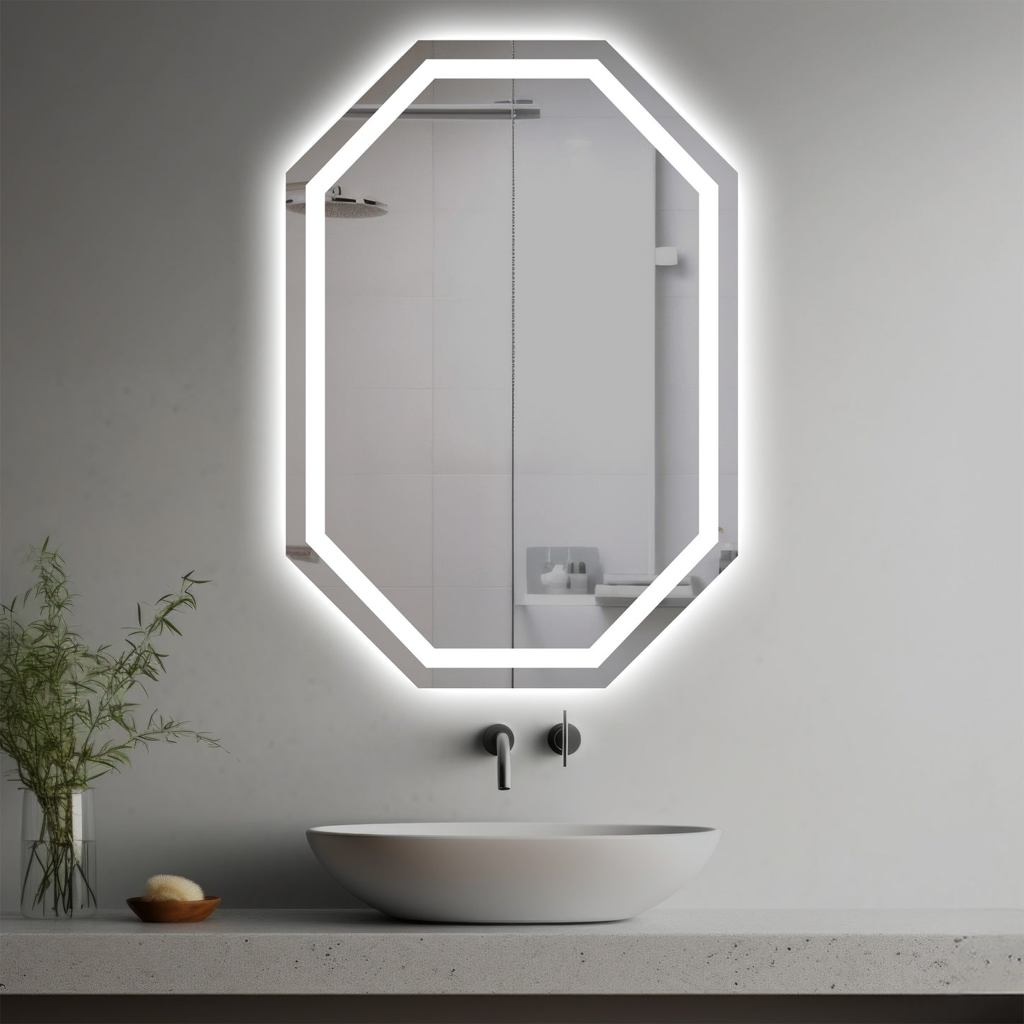 Mucha Lighted Mirror in a modern bathroom over a vessel sink