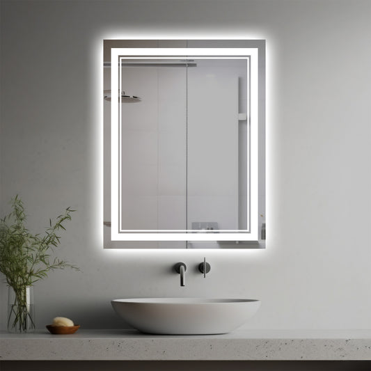 Kahlo Lighted Mirror in a modern bathroom over a vessel sink