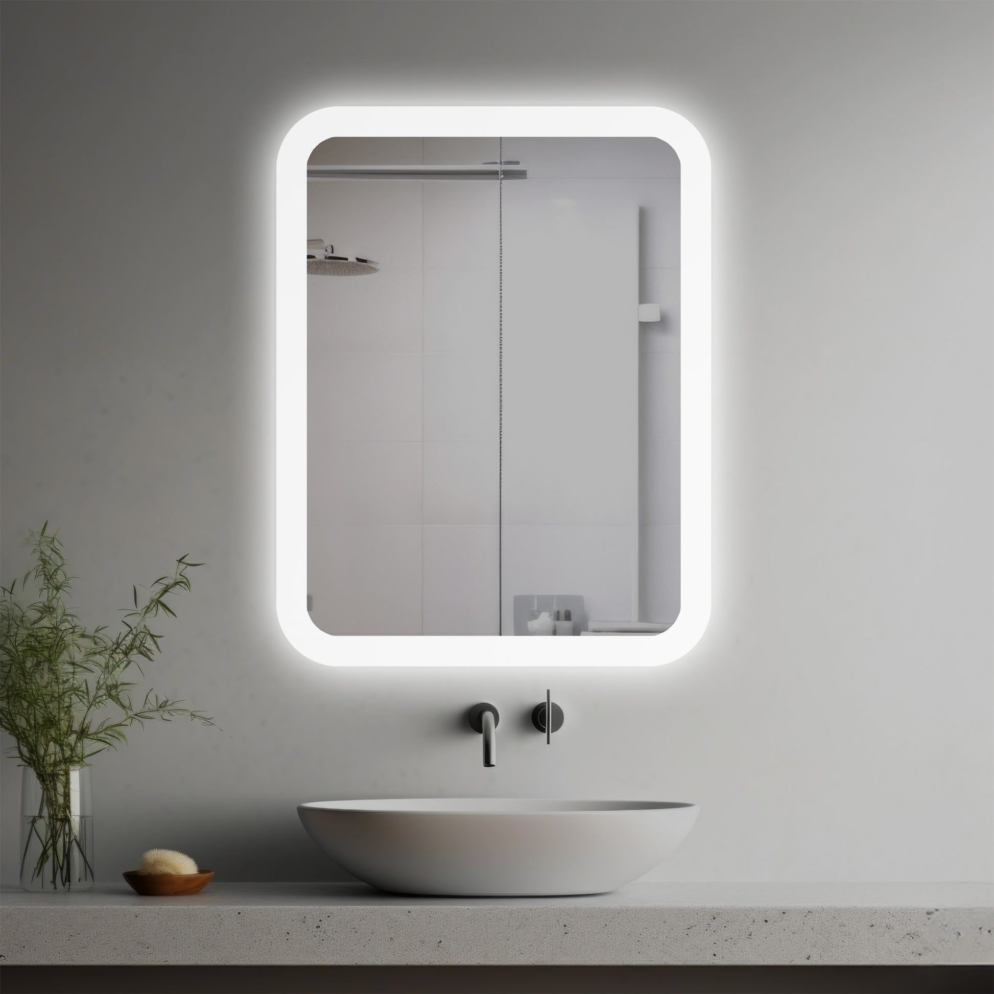 Frida Lighted Mirror in a modern bathroom over a vessel sink