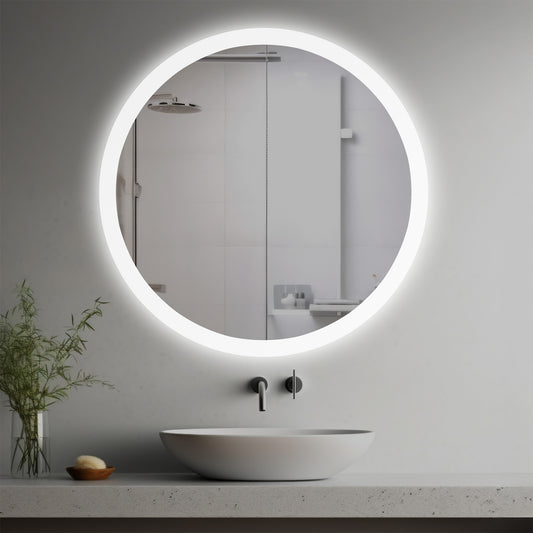 Mural Lighted Mirror in a modern bathroom over a vessel sink