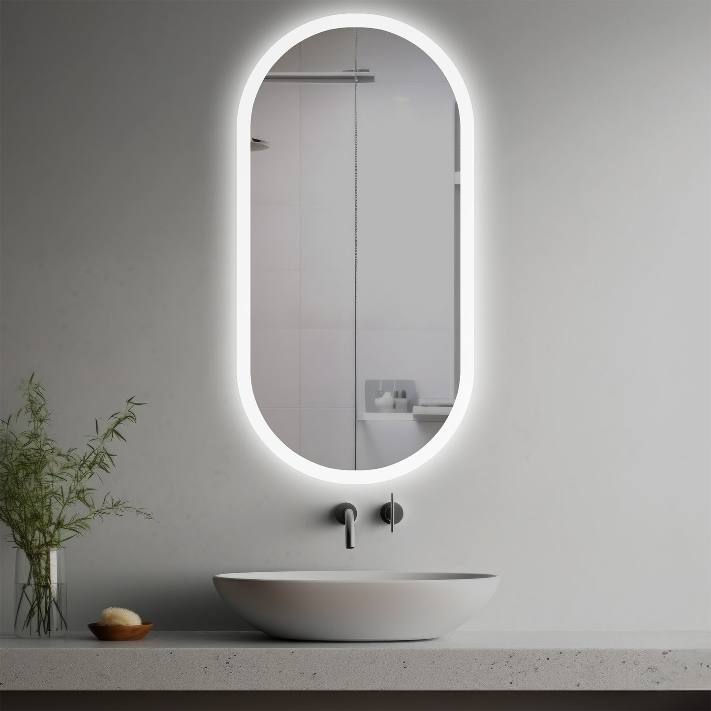 Colleen Lighted Mirror in a modern bathroom over a vessel sink