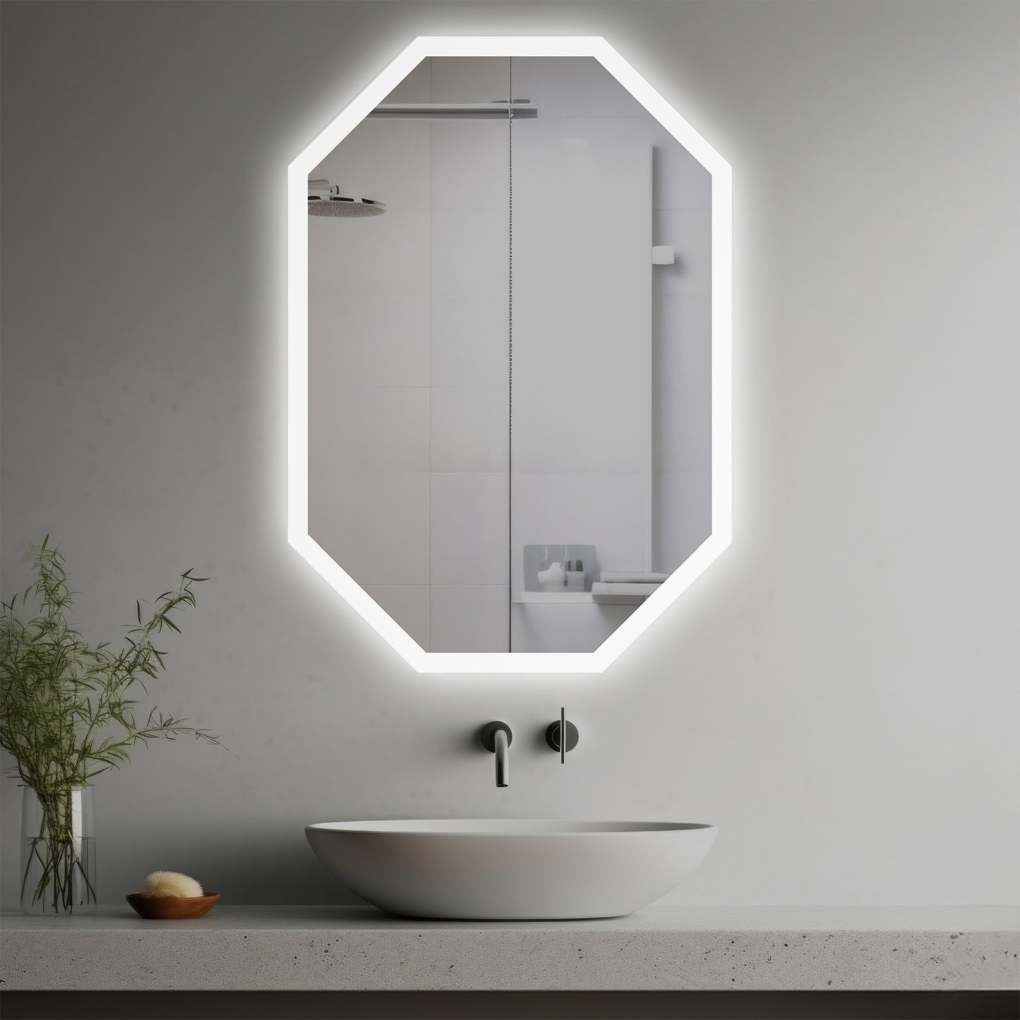 Annie Lighted Mirror in a modern bathroom over a vessel sink