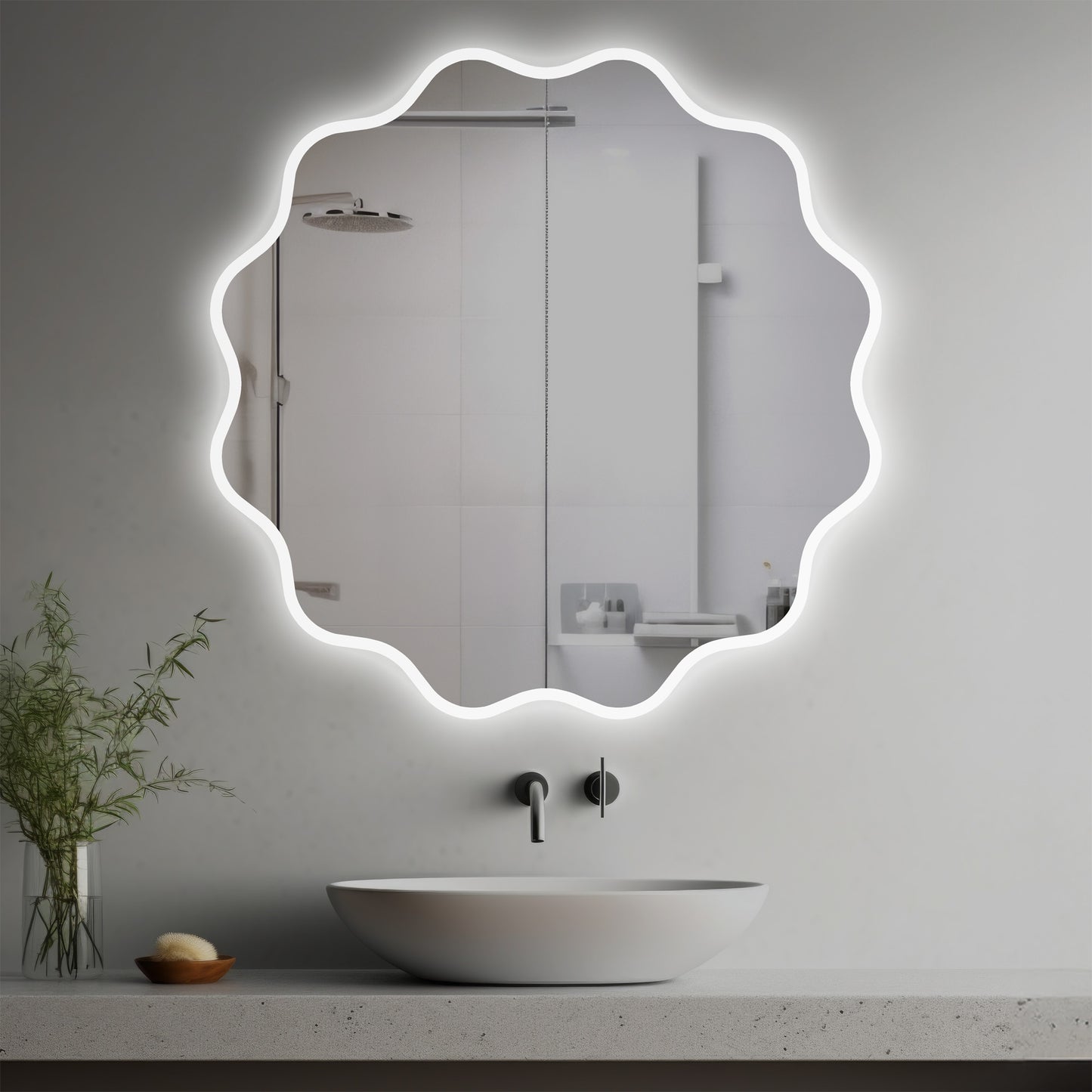 Maier Lighted Mirror in a modern bathroom over a vessel sink