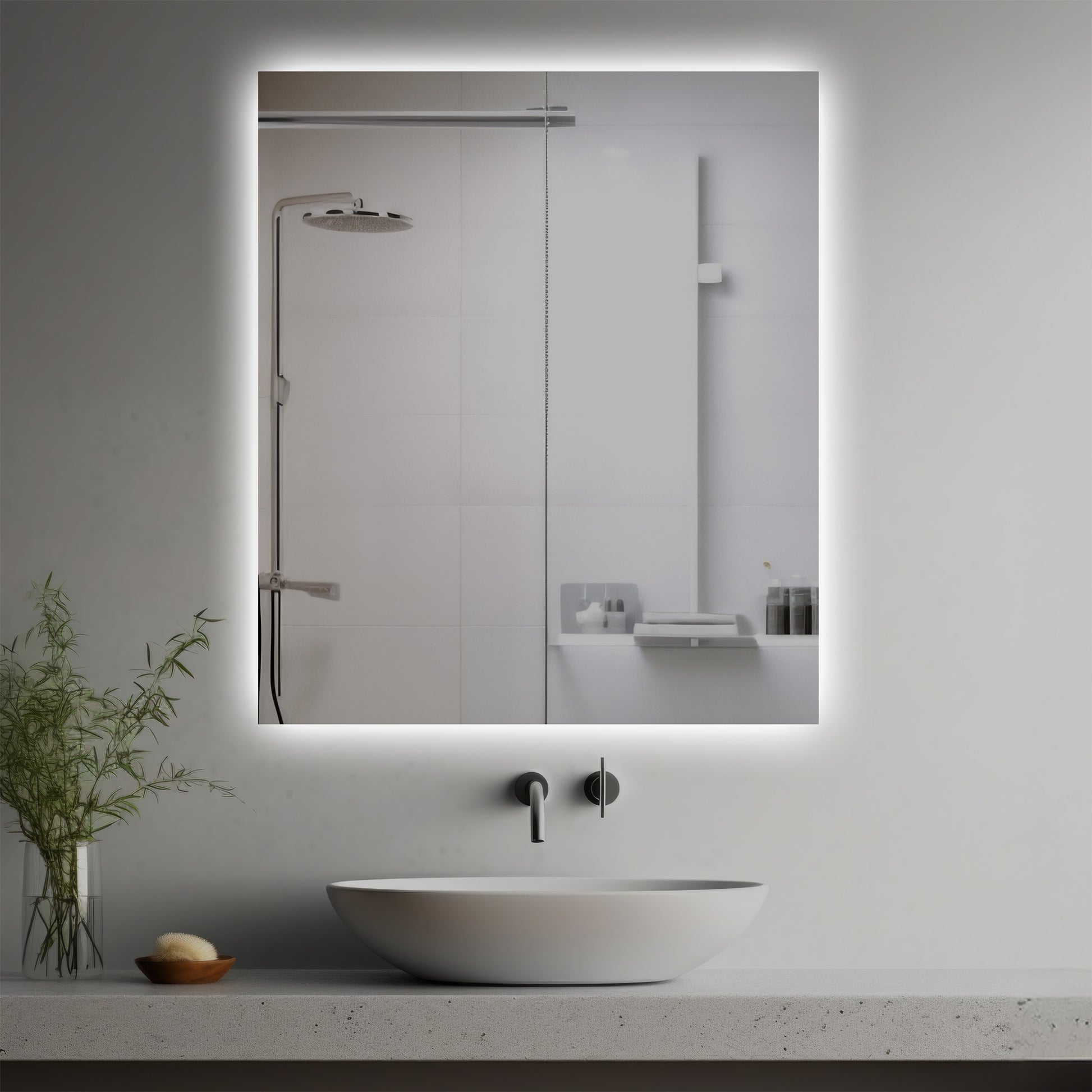 Halo Lighted Mirror in a modern bathroom over a vessel sink