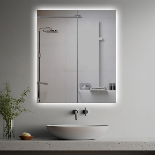 Halo Lighted Mirror in a modern bathroom over a vessel sink