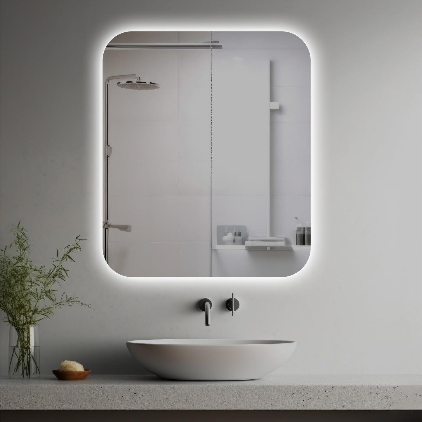 Hilma Lighted Mirror in a modern bathroom over a vessel sink