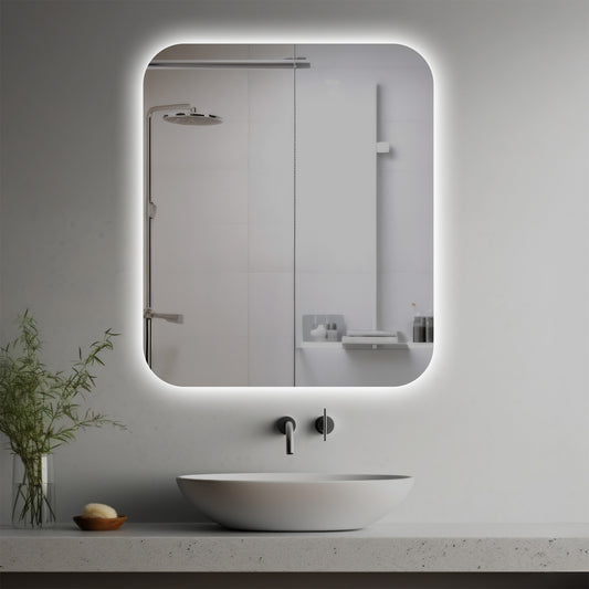 Hilma Lighted Mirror in a modern bathroom over a vessel sink