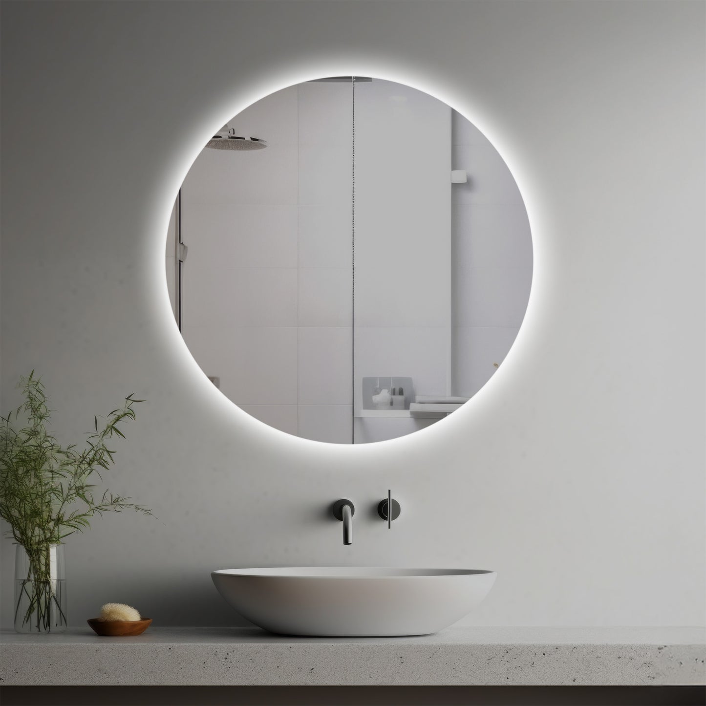 Shirin Lighted Mirror in a modern bathroom over a vessel sink