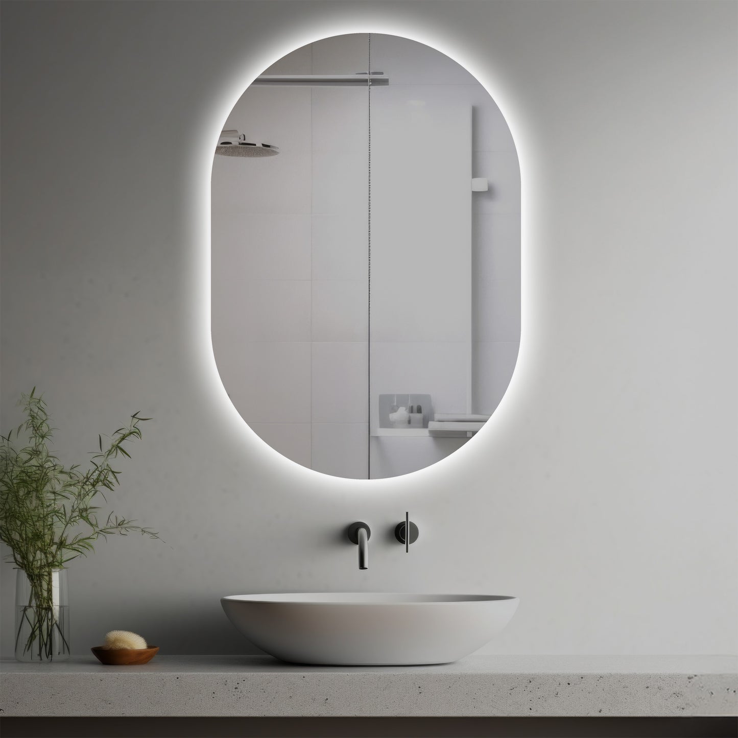 Isadora Lighted Mirror in a modern bathroom over a vessel sink