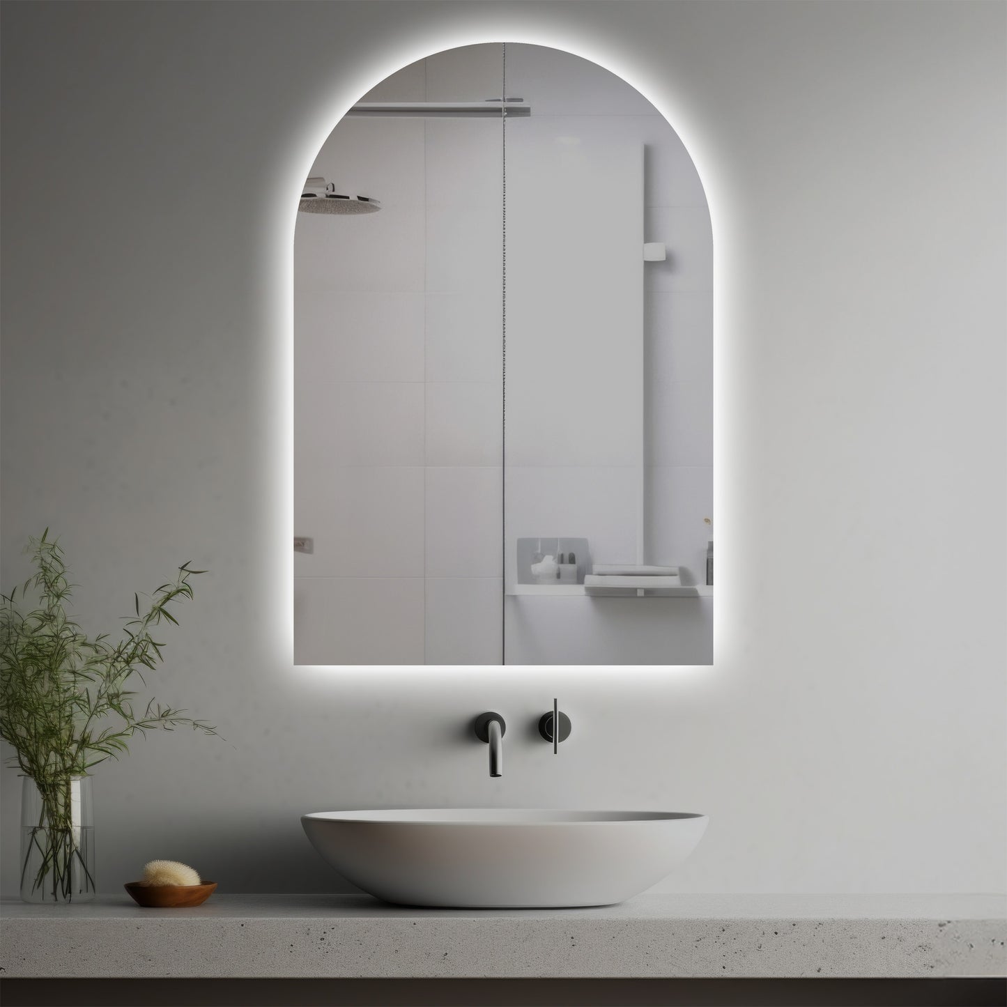 Dorothea Lighted Mirror in a modern bathroom over a vessel sink