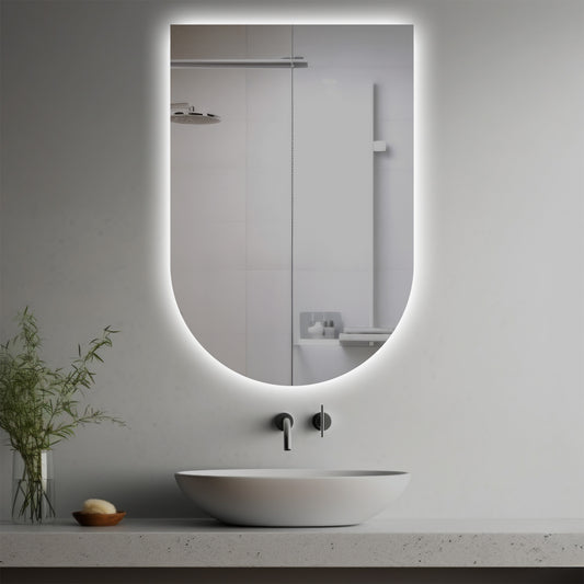 Ruth Lighted Mirror in a modern bathroom over a vessel sink