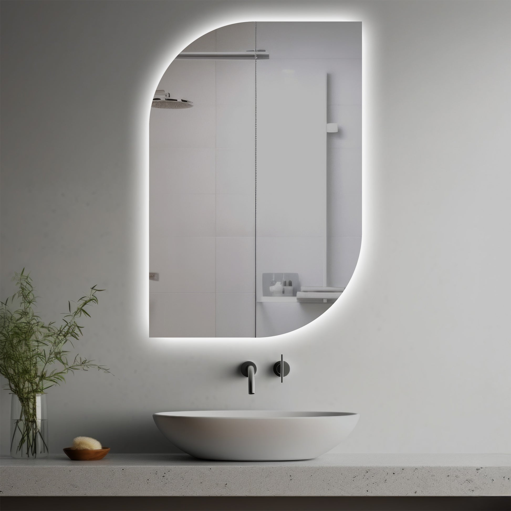 Rococo Lighted Mirror in a modern bathroom over a vessel sink