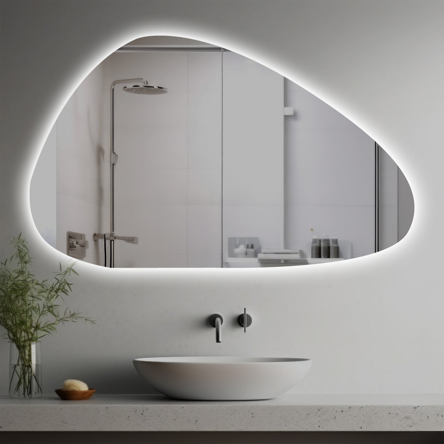 Marina Lighted Mirror in a modern bathroom over a vessel sink