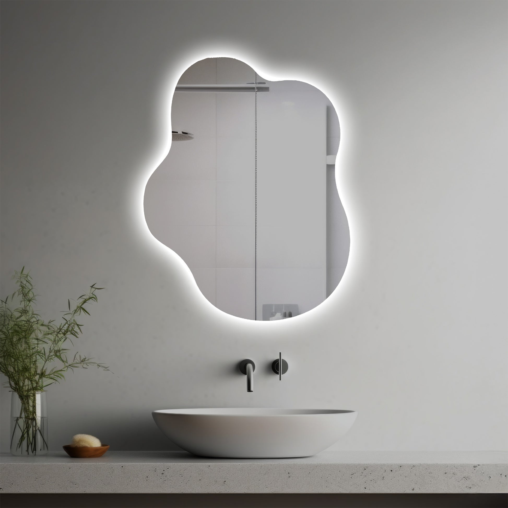 Niki Lighted Mirror in a modern bathroom over a vessel sink