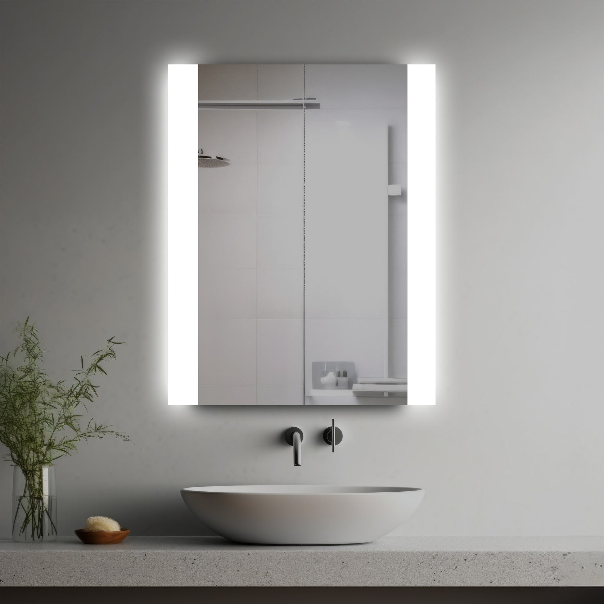 Veda Lighted Mirror in a modern bathroom over a vessel sink