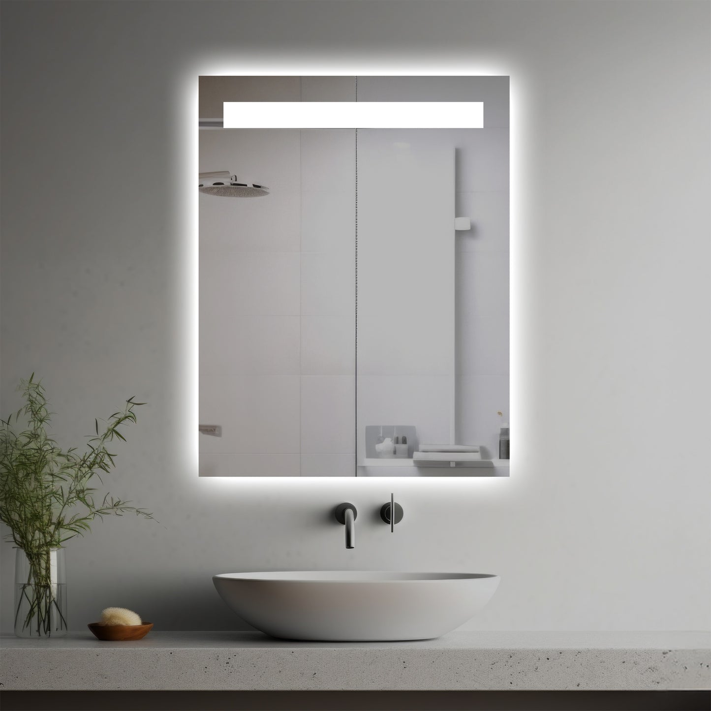 Sonata Lighted Mirror in a modern bathroom over a vessel sink