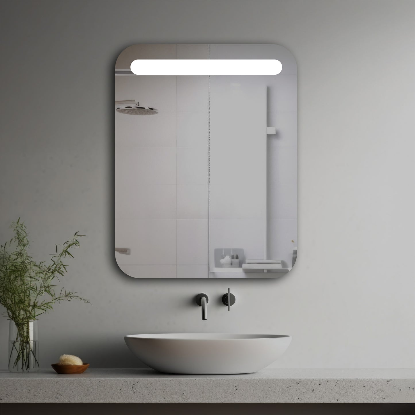 Camille Lighted Mirror in a modern bathroom over a vessel sink