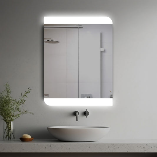 Alma Lighted Mirror in a modern bathroom over a vessel sink