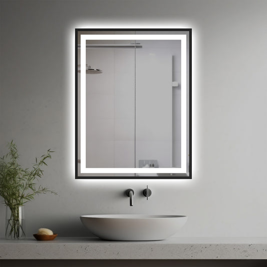 Tarsila Lighted Mirrorin a modern bathroom over a vessel sink