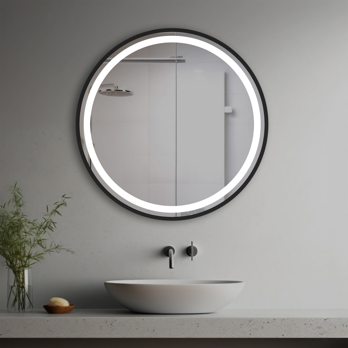 Eva Lighted Mirrorin a modern bathroom over a vessel sink