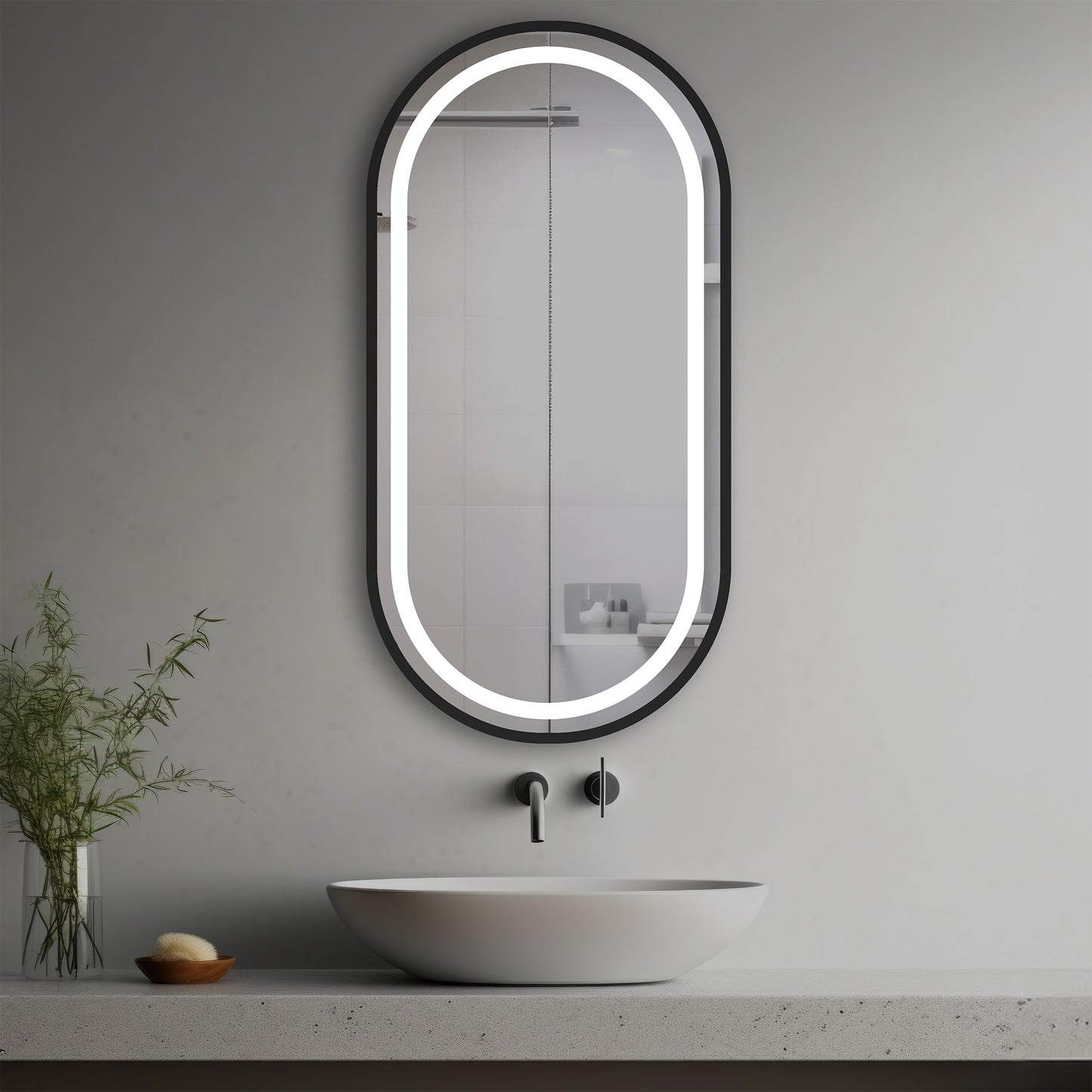 Georgia Lighted Mirrorin a modern bathroom over a vessel sink