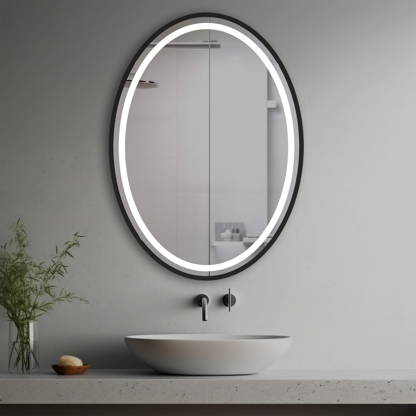 Elisa Lighted Mirror in a modern bathroom over a vessel sink