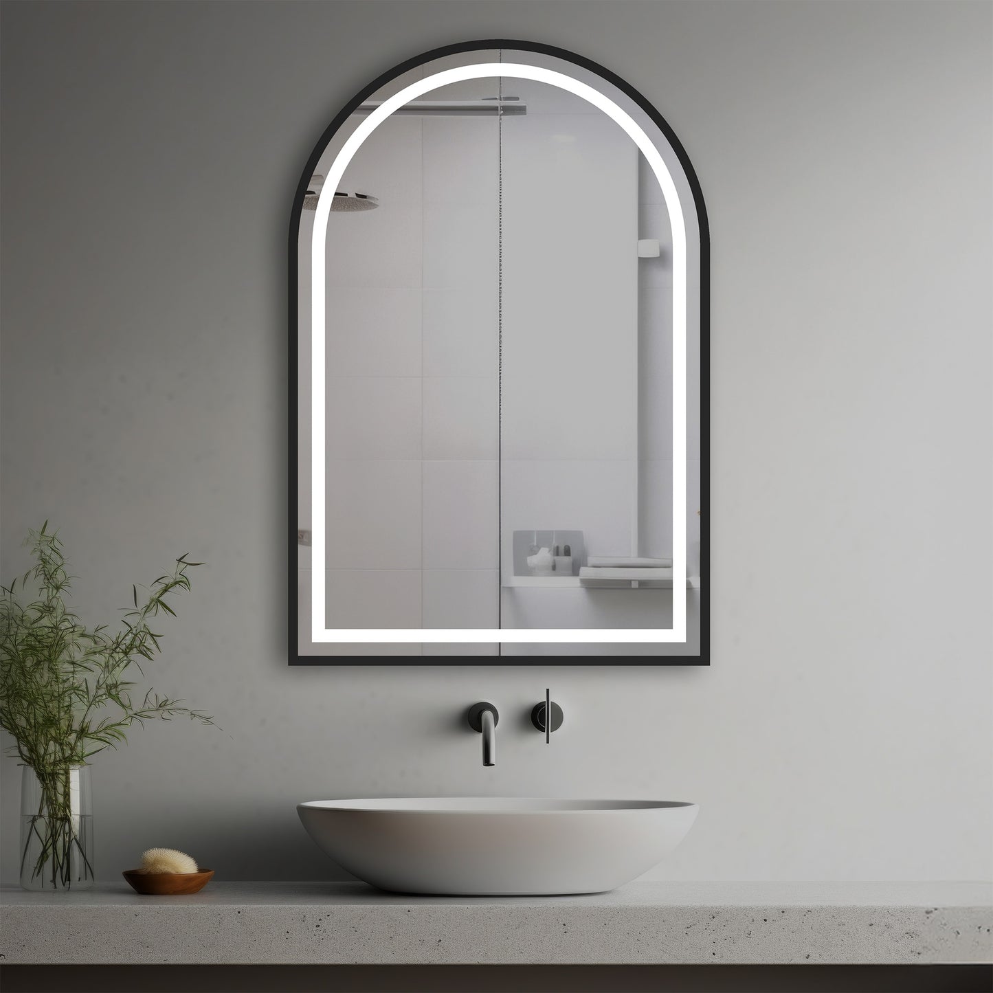 Raphael Lighted Mirror in a modern bathroom over a vessel sink