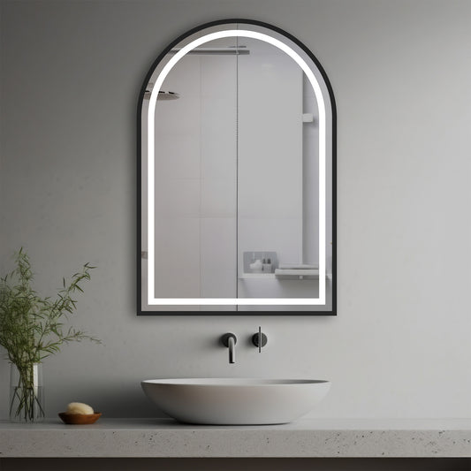 Raphael Lighted Mirror in a modern bathroom over a vessel sink