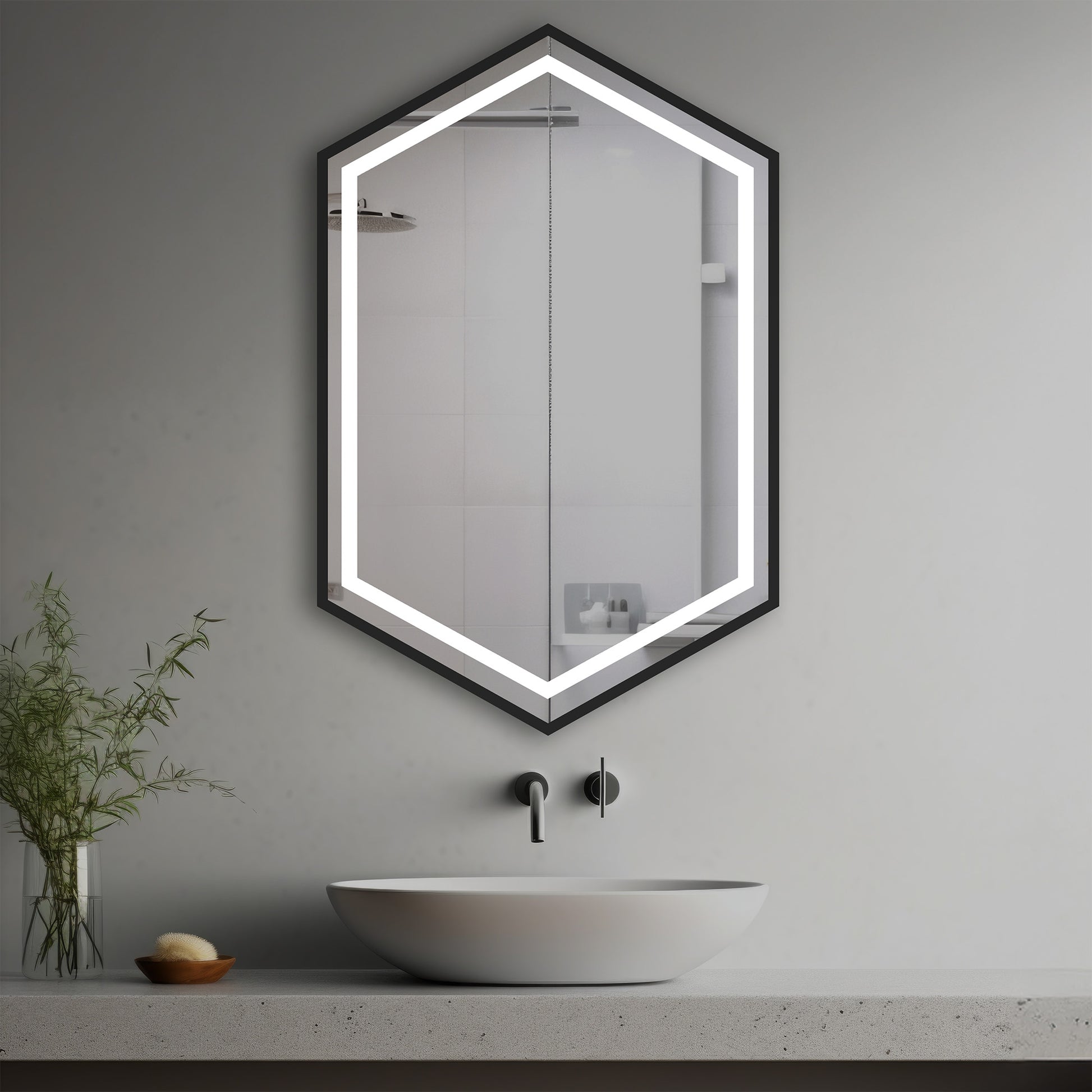 Sappho Lighted Mirror in a modern bathroom over a vessel sink