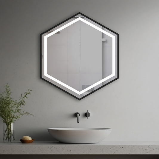 Solara Lighted Mirror in a modern bathroom over a vessel sink