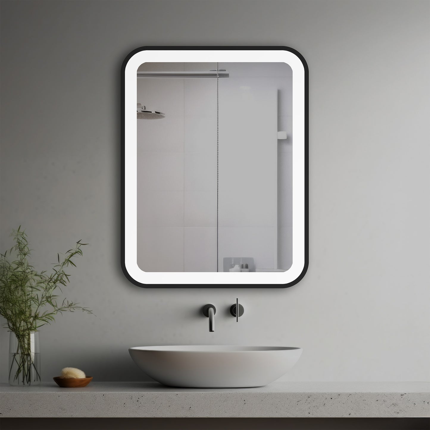 Lustra Lighted Mirror in a modern bathroom over a vessel sink