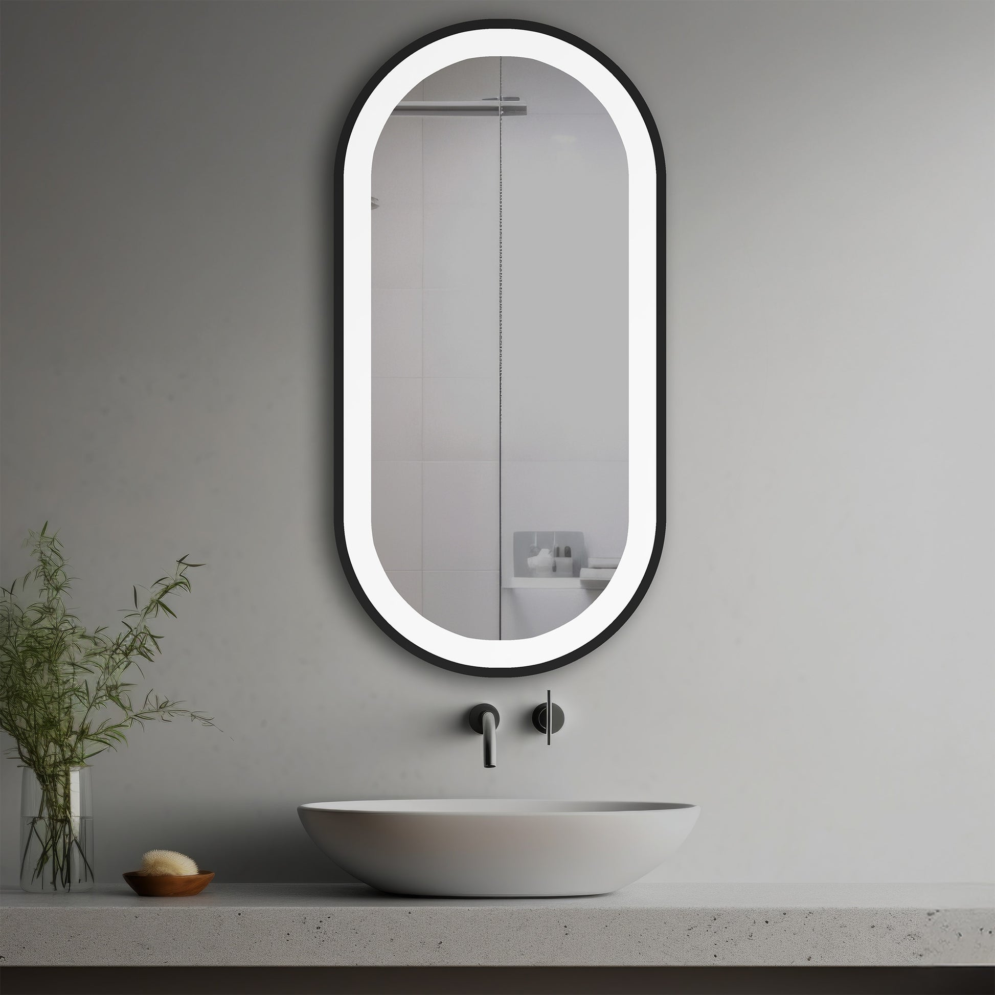 Gleam Lighted Mirror in a modern bathroom over a vessel sink