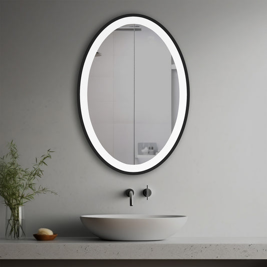 Rayna Lighted Mirror in a modern bathroom over a vessel sink