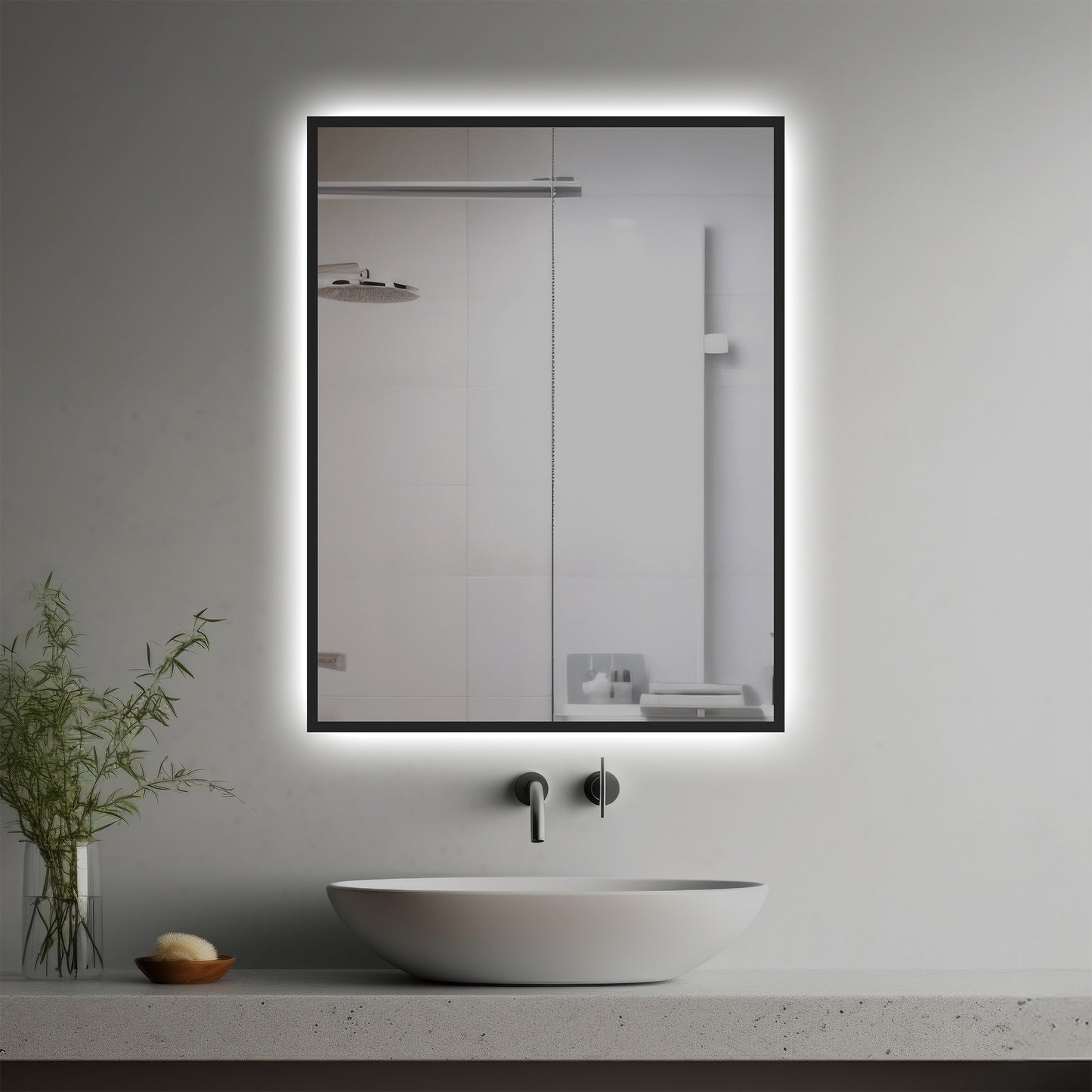 Solace Lighted Mirror in a modern bathroom over a vessel sink