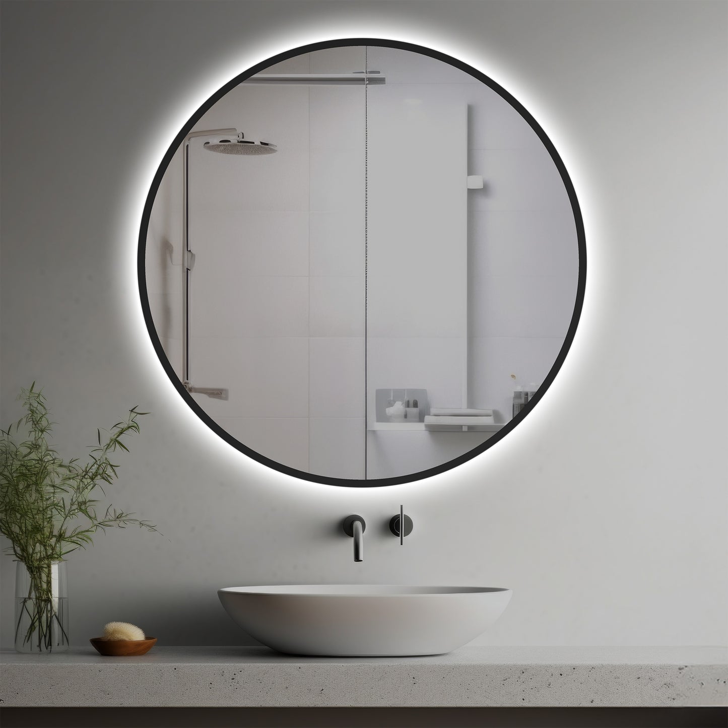 Candela Lighted Mirror in a modern bathroom over a vessel sink