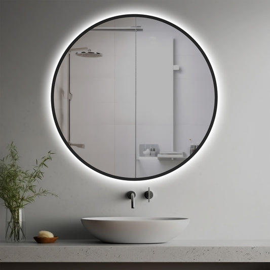 Candela Lighted Mirror in a modern bathroom over a vessel sink