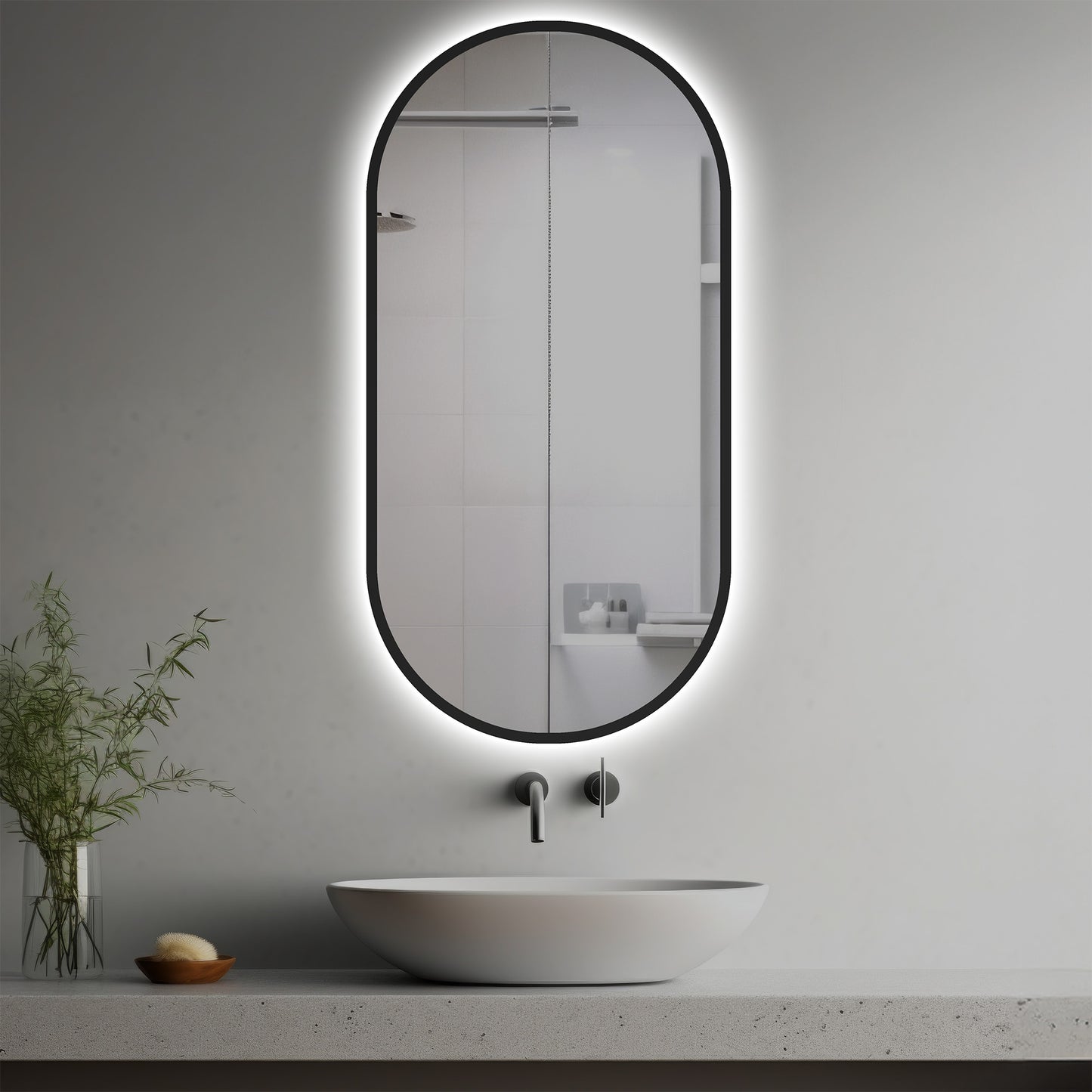 Arcadia Lighted Mirror in a modern bathroom over a vessel sink