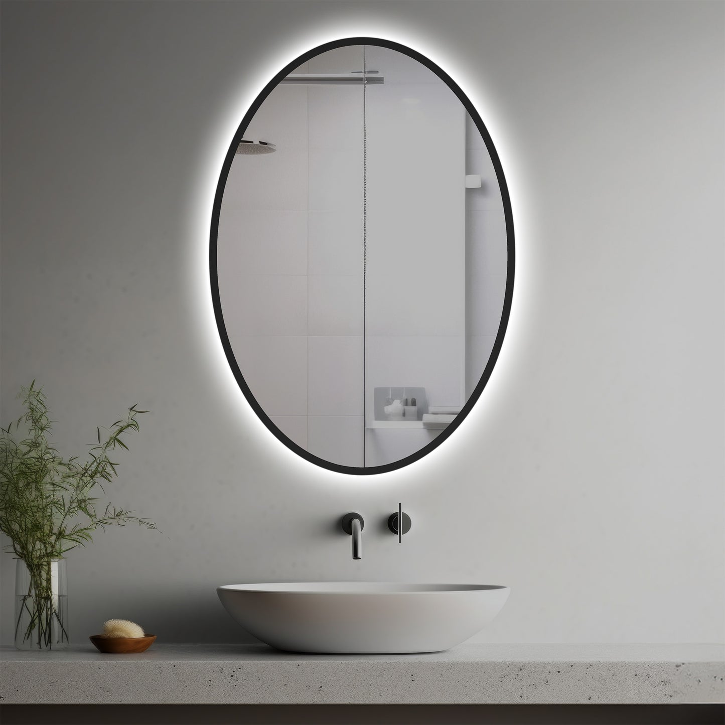 Illusia Lighted Mirror in a modern bathroom over a vessel sink