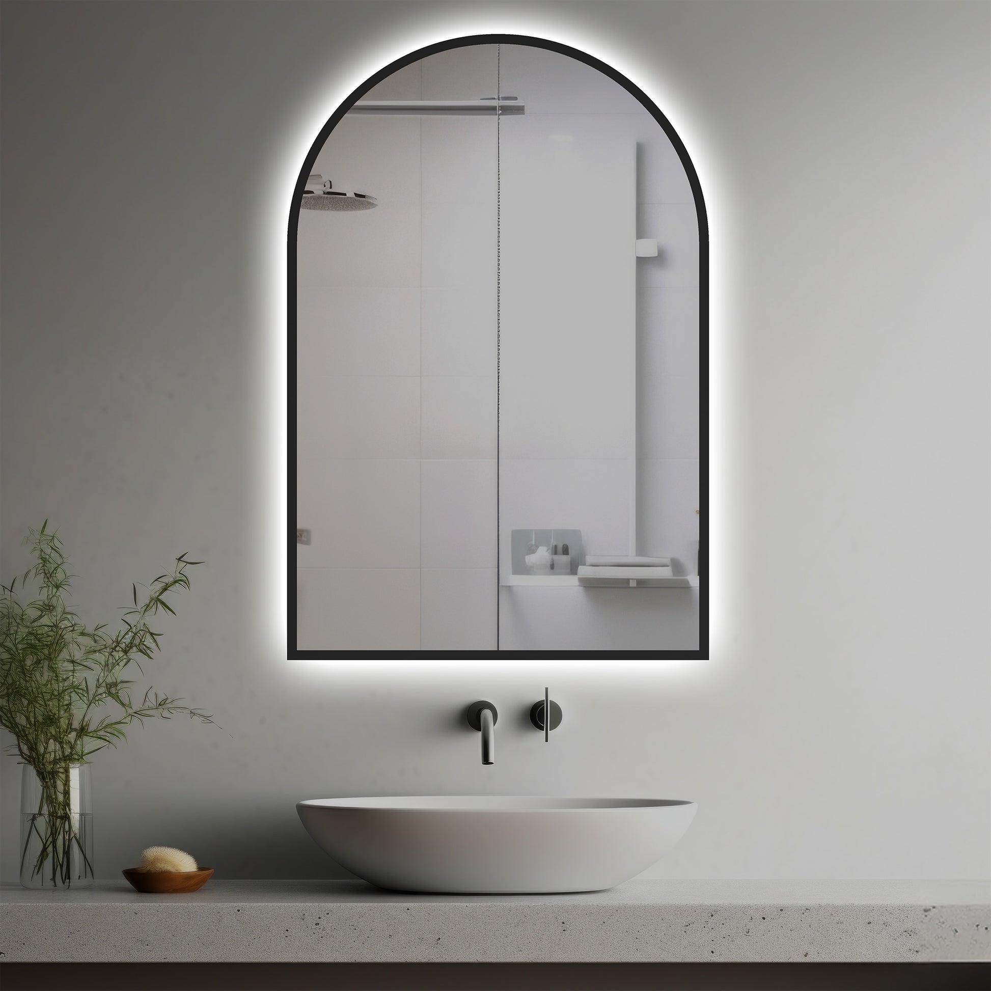 Nova Lighted Mirror in a modern bathroom over a vessel sink