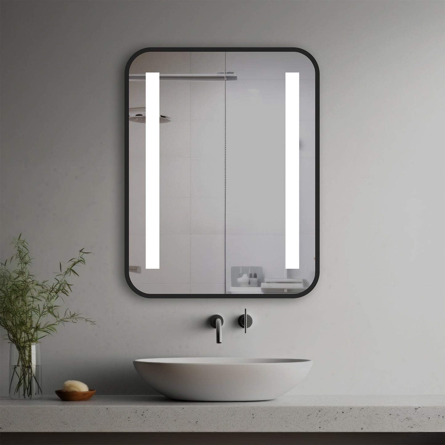 Iris Lighted Mirror in a modern bathroom over a vessel sink