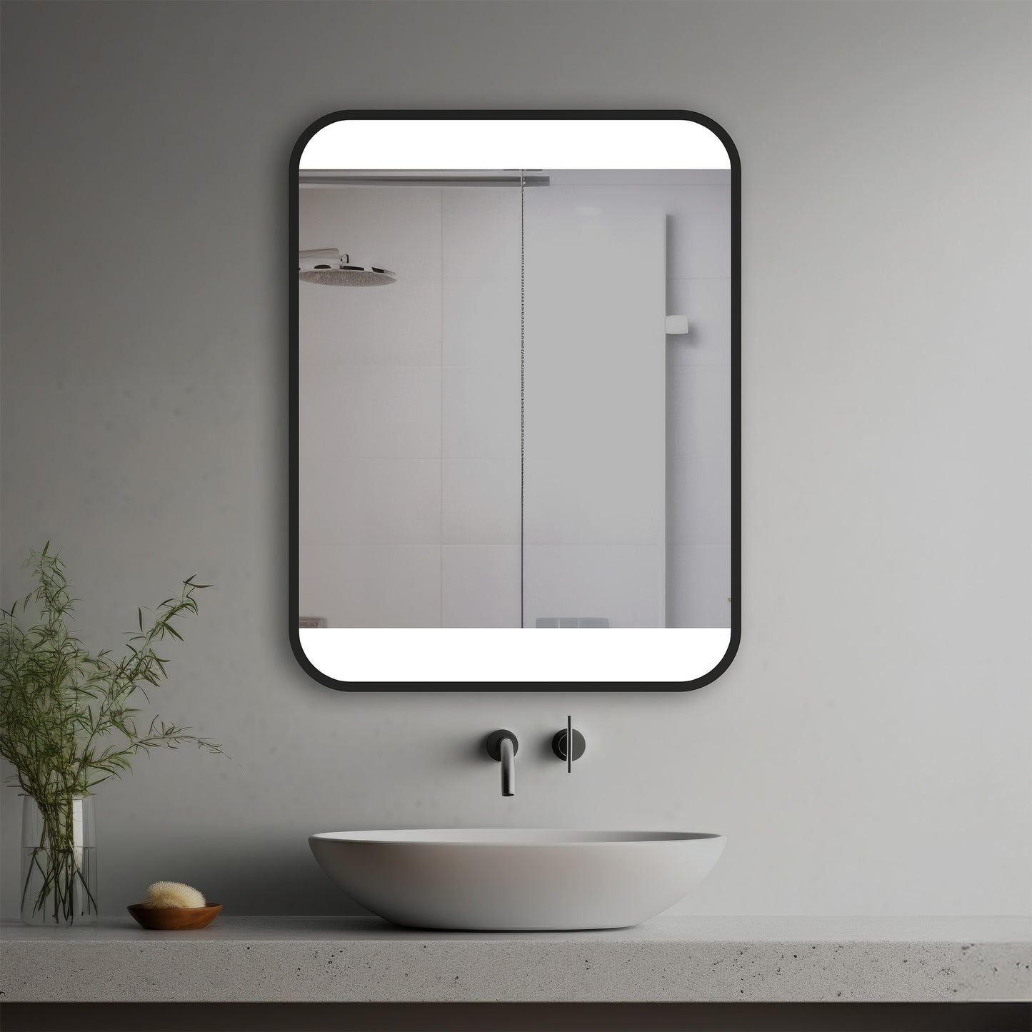 Lucent Lighted Mirror in a modern bathroom over a vessel sink