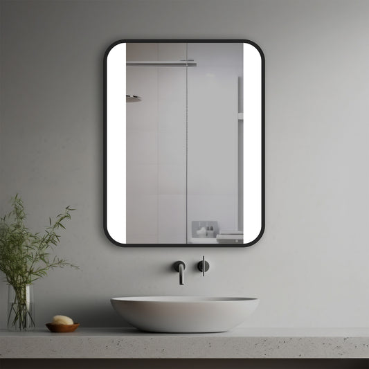 Celeste Lighted Mirror in a modern bathroom over a vessel sink