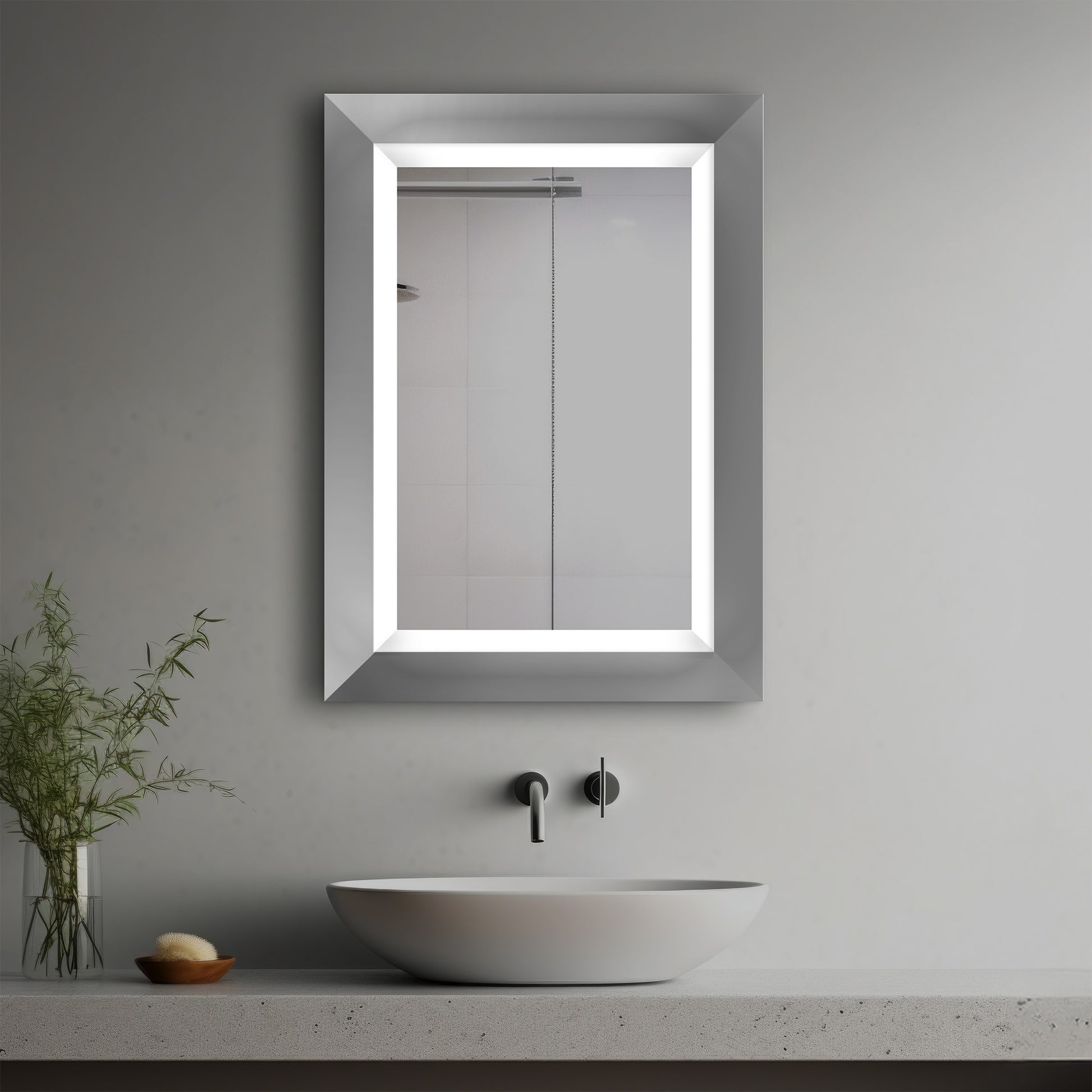 Zenith Lighted Mirror in a modern bathroom over a vessel sink