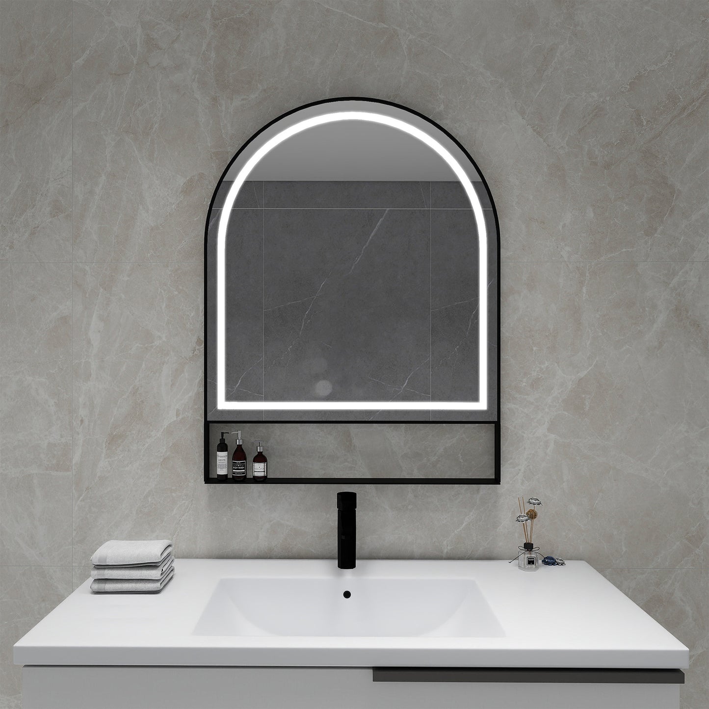 Hollein Lighted Mirror in a modern bathroom over a vessel sink